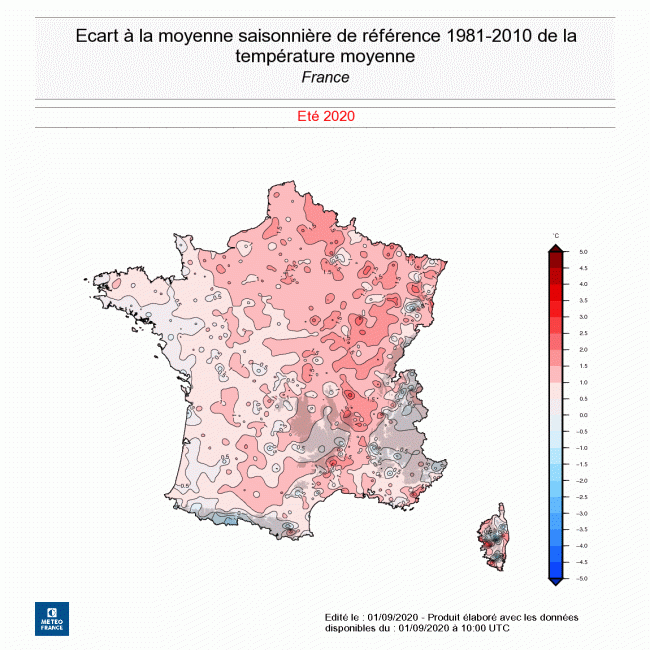 Écart à la normale de la température moyenne en France - été 2020. © Météo-France.