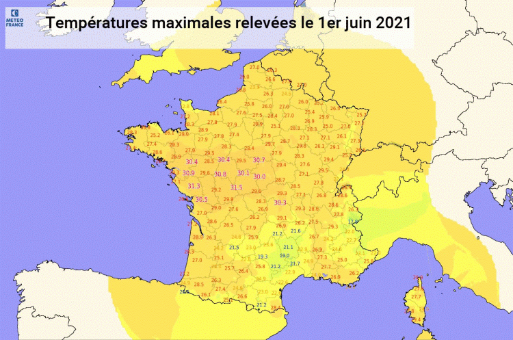 Températures maximales relevées le 1er juin 2021. © Météo-France.