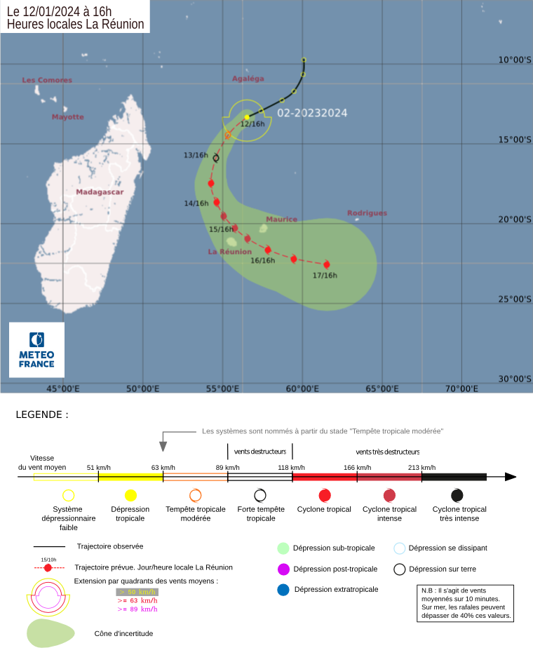 Dernière trajectoire prévue le 12 janvier à 16h locales. © Météo-France