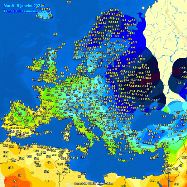 Températures maximales relevées le mardi 19 janvier 2021en Europe. © Météociel.