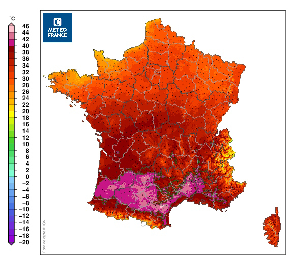 Températures maximales du 23 août 2023. © Météo-France